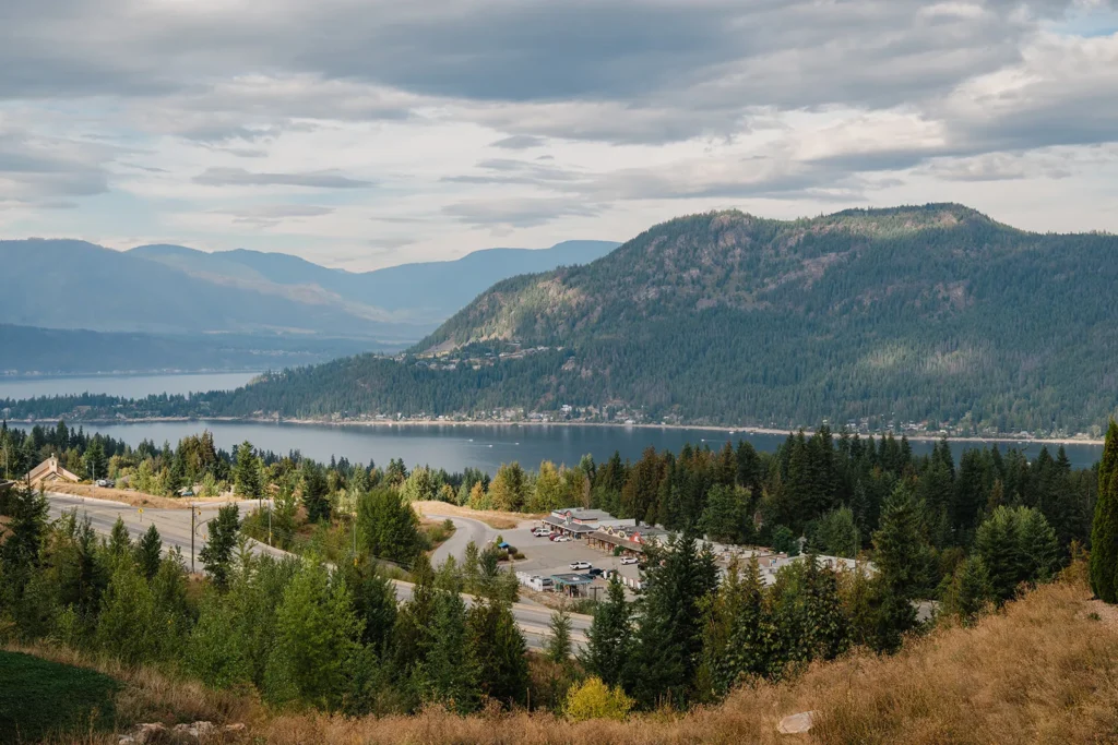 Overlook of lake and forested hills