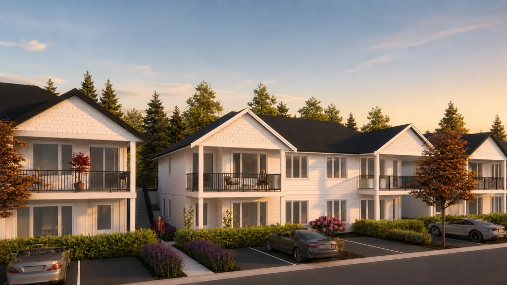 Aspens craftsman-style townhomes at dusk